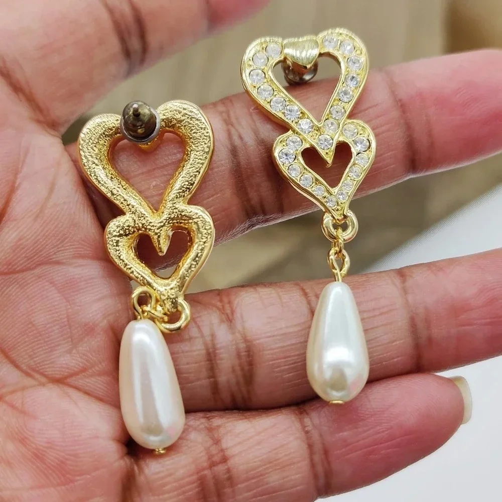 Vintage Pearlcore Heart Earrings w/ Bling • Coquette • Pierced